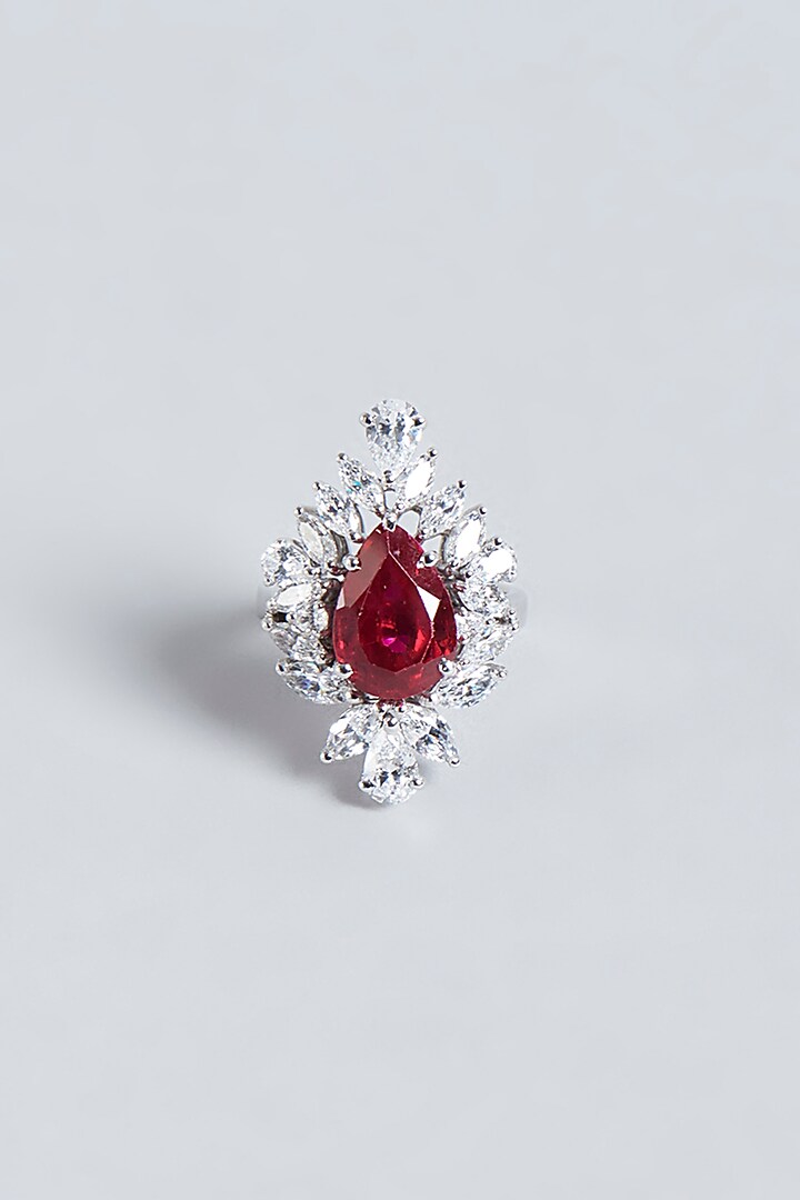 White Finish Red Swarovski Zirconia Ring In Sterling Silver by Diosa Paris Jewellery at Pernia's Pop Up Shop