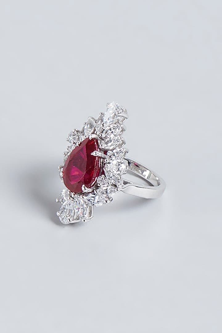 White Finish Red Swarovski Zirconia Ring In Sterling Silver by Diosa Paris Jewellery at Pernia's Pop Up Shop