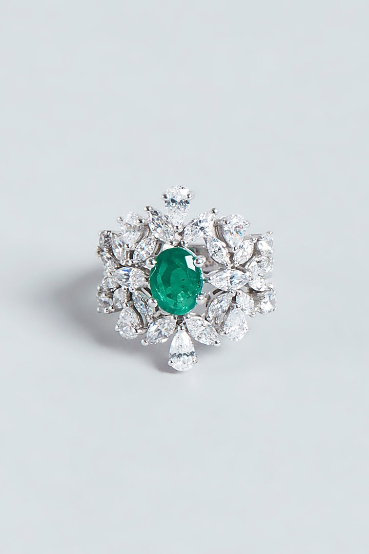 White Finish Green Swarovski Zirconia Ring In Sterling Silver by Diosa Paris Jewellery at Pernia's Pop Up Shop