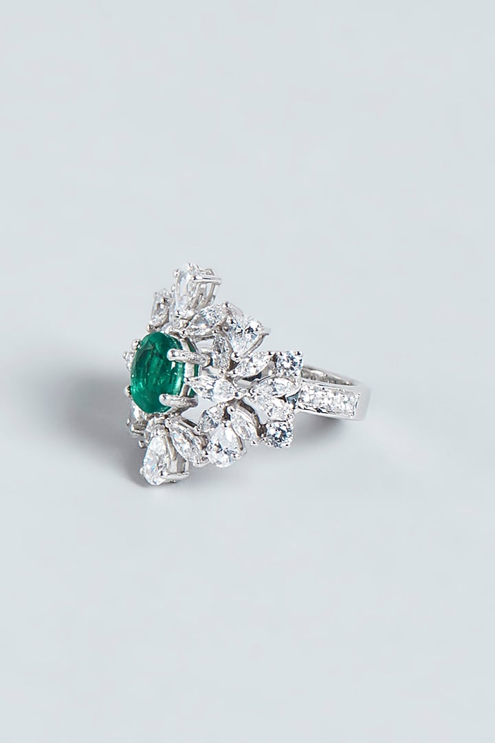 White Finish Green Swarovski Zirconia Ring In Sterling Silver by Diosa Paris Jewellery at Pernia's Pop Up Shop