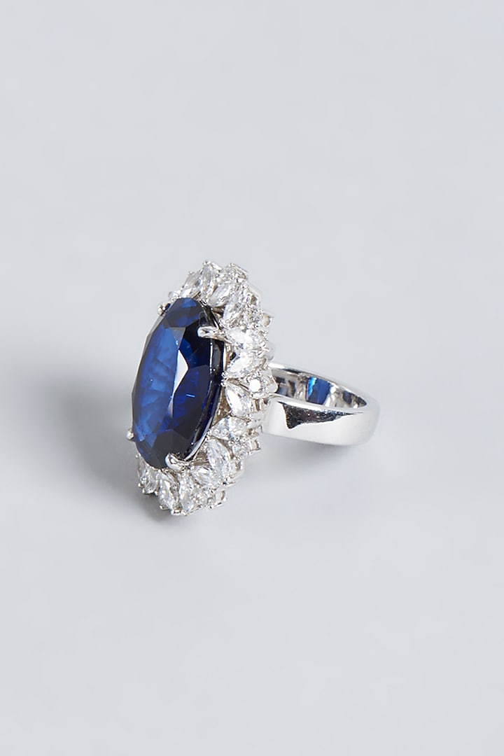 White Finish Blue & White Swarovski Zirconia Ring In Sterling Silver by Diosa Paris Jewellery at Pernia's Pop Up Shop
