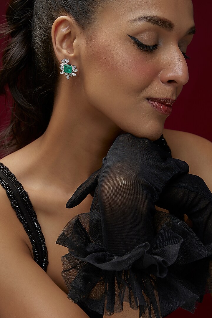 White Finish Emerald Synthetic Stone & Swarovski Zircon Hoop Earrings In Sterling Silver by Diosa Paris Jewellery at Pernia's Pop Up Shop