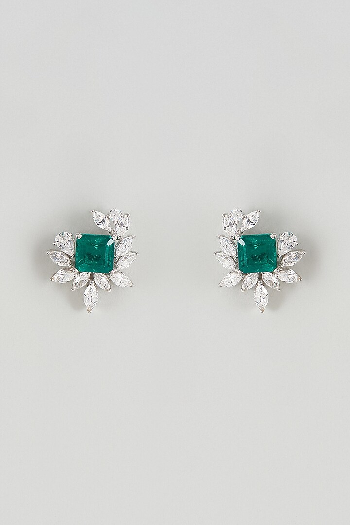 White Finish Emerald Synthetic Stone & Swarovski Zircon Hoop Earrings In Sterling Silver by Diosa Paris Jewellery at Pernia's Pop Up Shop