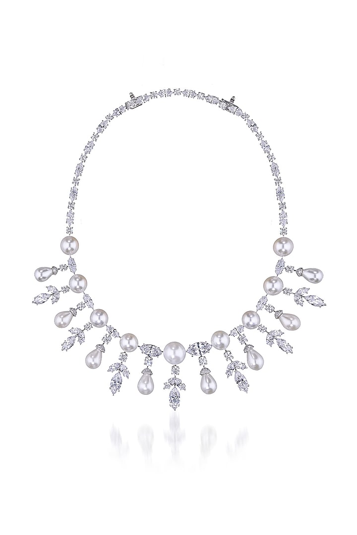 White Finish Korean Pearl & White Swarovski Zirconia Necklace In Sterling Silver by Diosa Paris Jewellery at Pernia's Pop Up Shop
