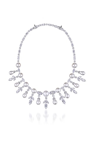 White Finish Korean Pearl & White Swarovski Zirconia Necklace In Sterling Silver by Diosa Paris Jewellery