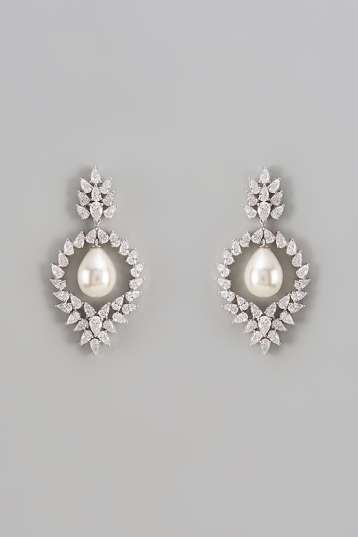 White Finish Swarovski Zirconia & Pearl Dangler Earrings In Sterling Silver by Diosa Paris Jewellery at Pernia's Pop Up Shop