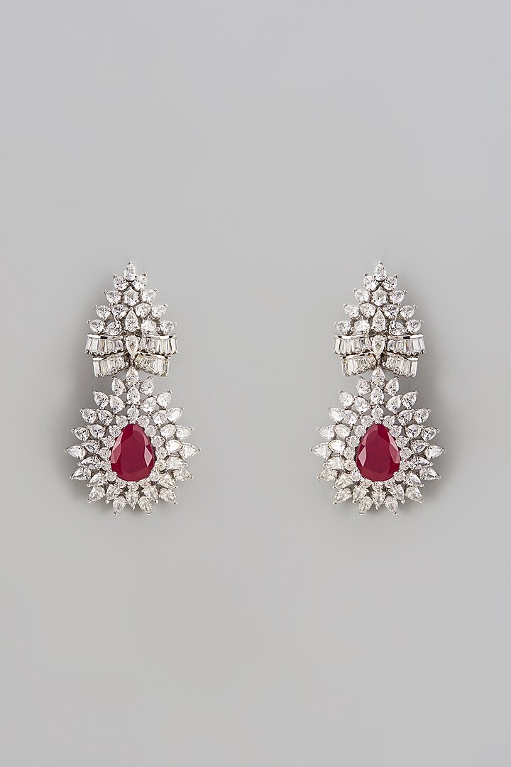 White Finish Swarovski Zirconia & Ruby Dangler Earrings In Sterling Silver by Diosa Paris Jewellery at Pernia's Pop Up Shop
