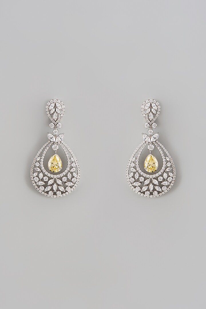 White Finish Swarovski Zirconia & Yellow Stone Dangler Earrings In Sterling Silver by Diosa Paris Jewellery at Pernia's Pop Up Shop