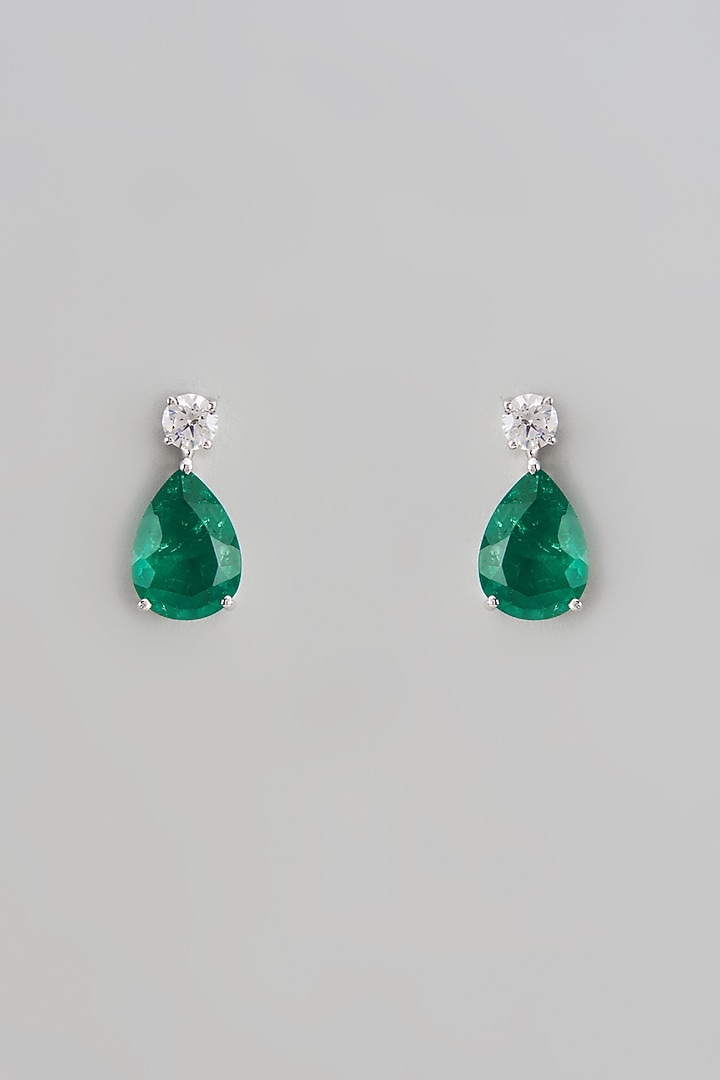 White Finish Swarovski Zirconia & Emerald Dangler Earrings In Sterling Silver by Diosa Paris Jewellery at Pernia's Pop Up Shop