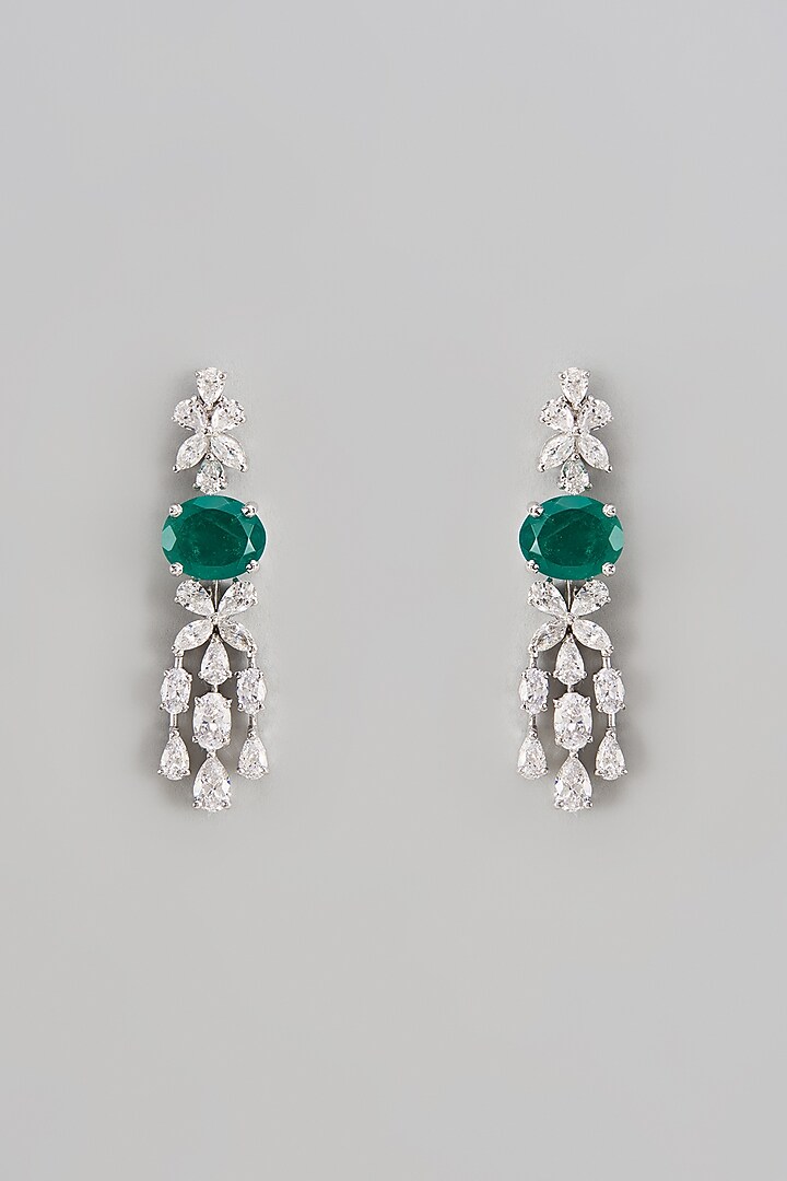 White Finish Swarovski Zirconia & Emerald Dangler Earrings In Sterling Silver by Diosa Paris Jewellery at Pernia's Pop Up Shop