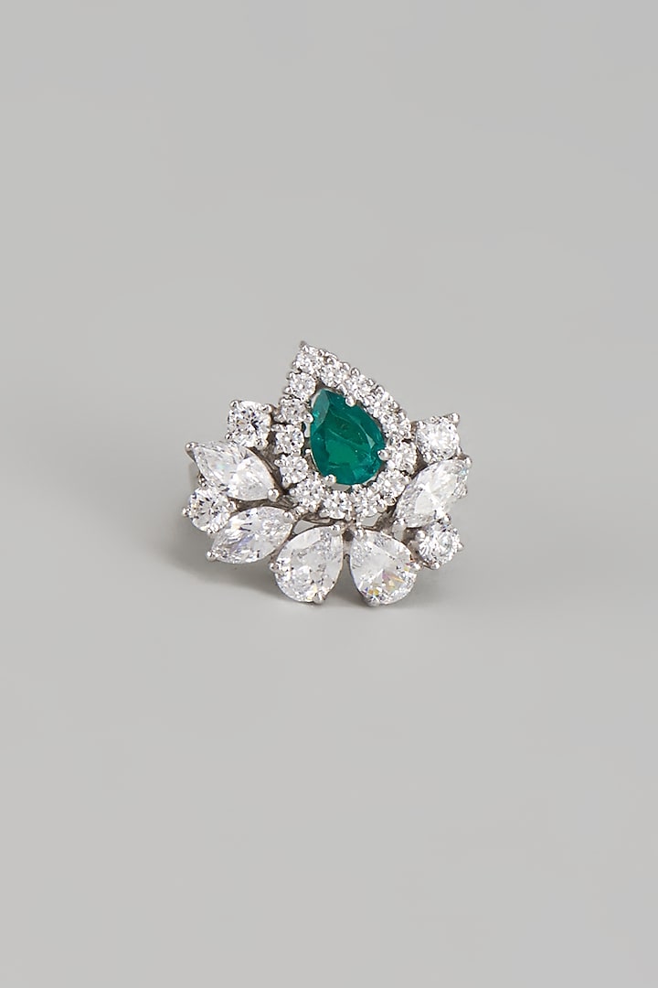 White Finish Swarovski Zirconia & Emerald Ring In Sterling Silver by Diosa Paris Jewellery at Pernia's Pop Up Shop