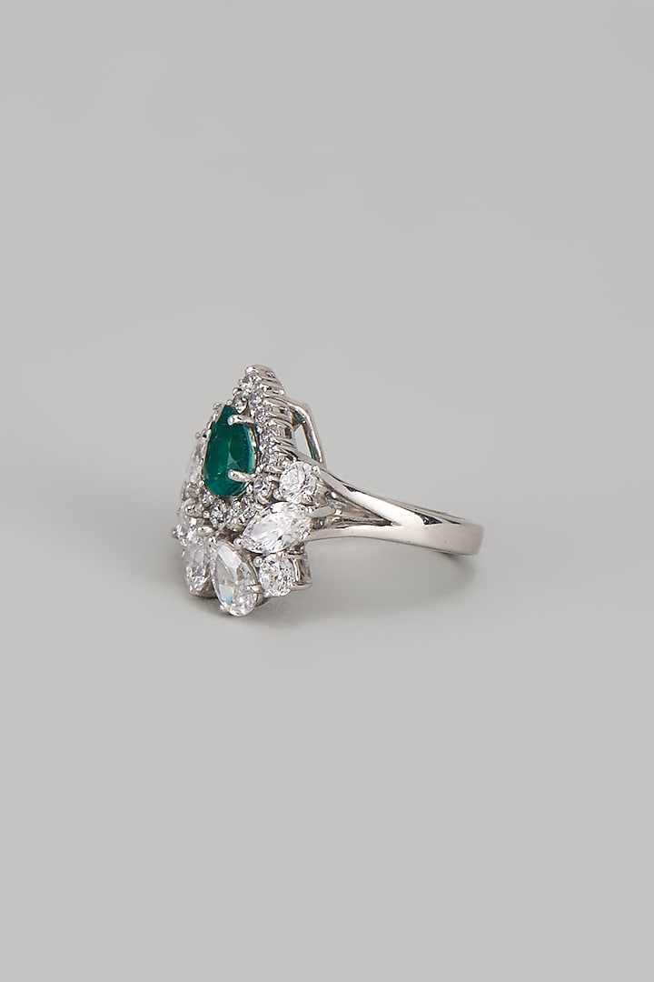 White Finish Swarovski Zirconia & Emerald Ring In Sterling Silver by Diosa Paris Jewellery at Pernia's Pop Up Shop