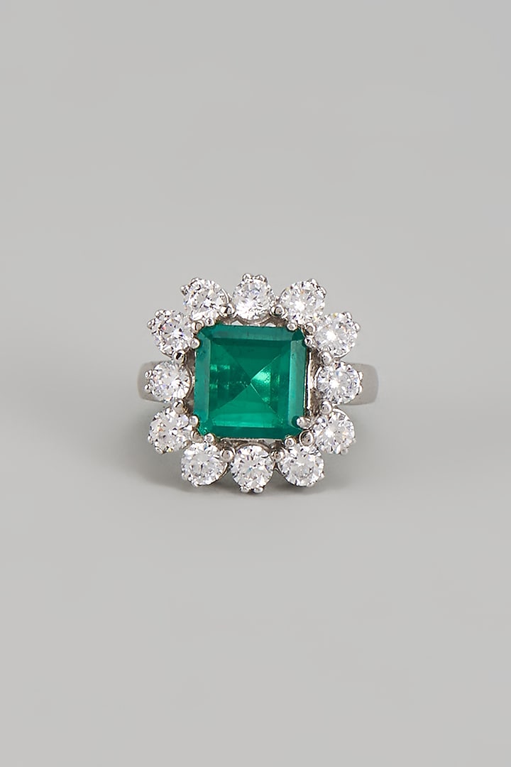 White Finish Swarovski Zirconia & Emerald Ring In Sterling Silver by Diosa Paris Jewellery at Pernia's Pop Up Shop