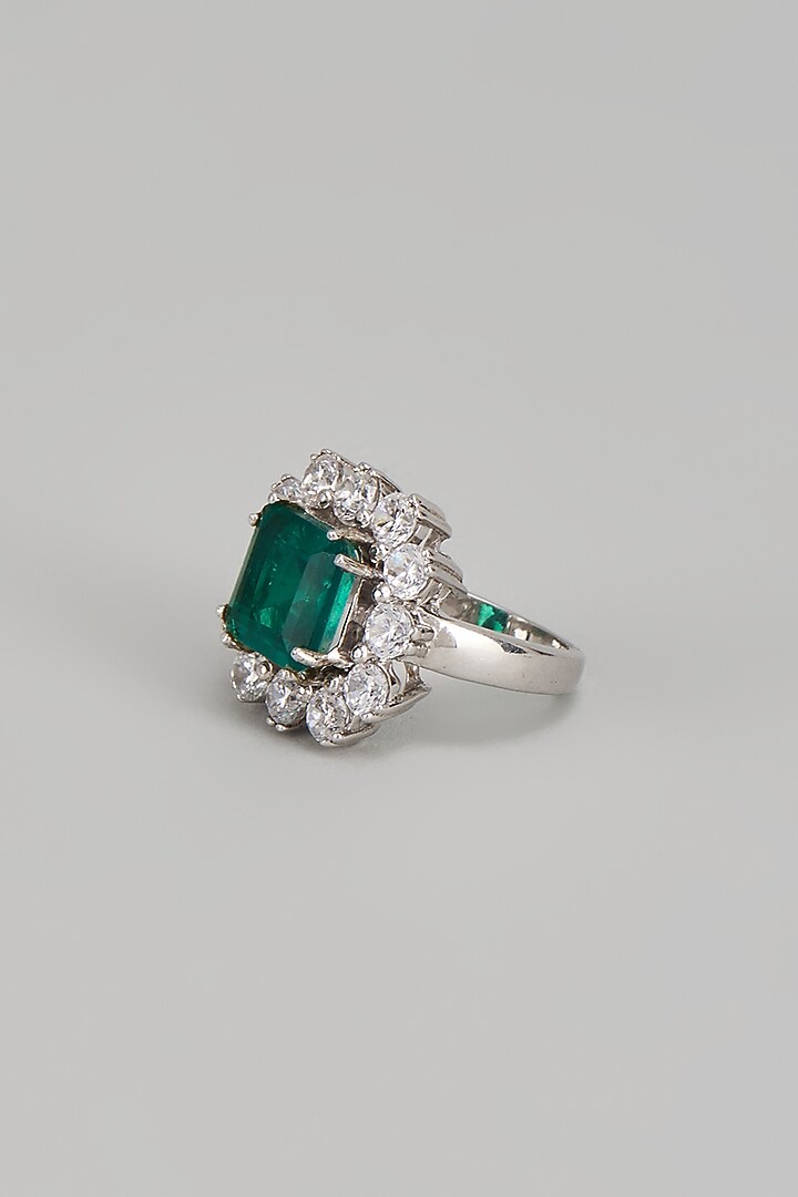 White Finish Swarovski Zirconia & Emerald Ring In Sterling Silver by Diosa Paris Jewellery at Pernia's Pop Up Shop