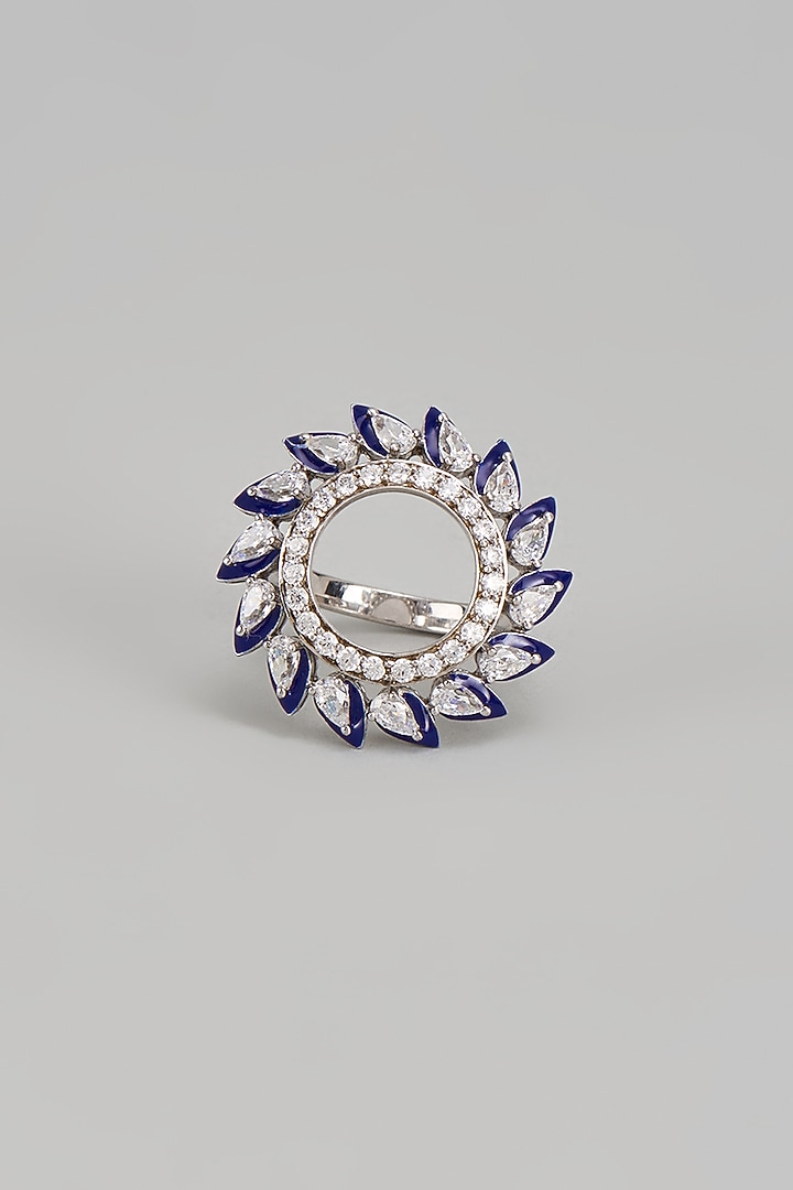 White Finish Swarovski Zirconia Blue Enameled Ring In Sterling Silver by Diosa Paris Jewellery at Pernia's Pop Up Shop