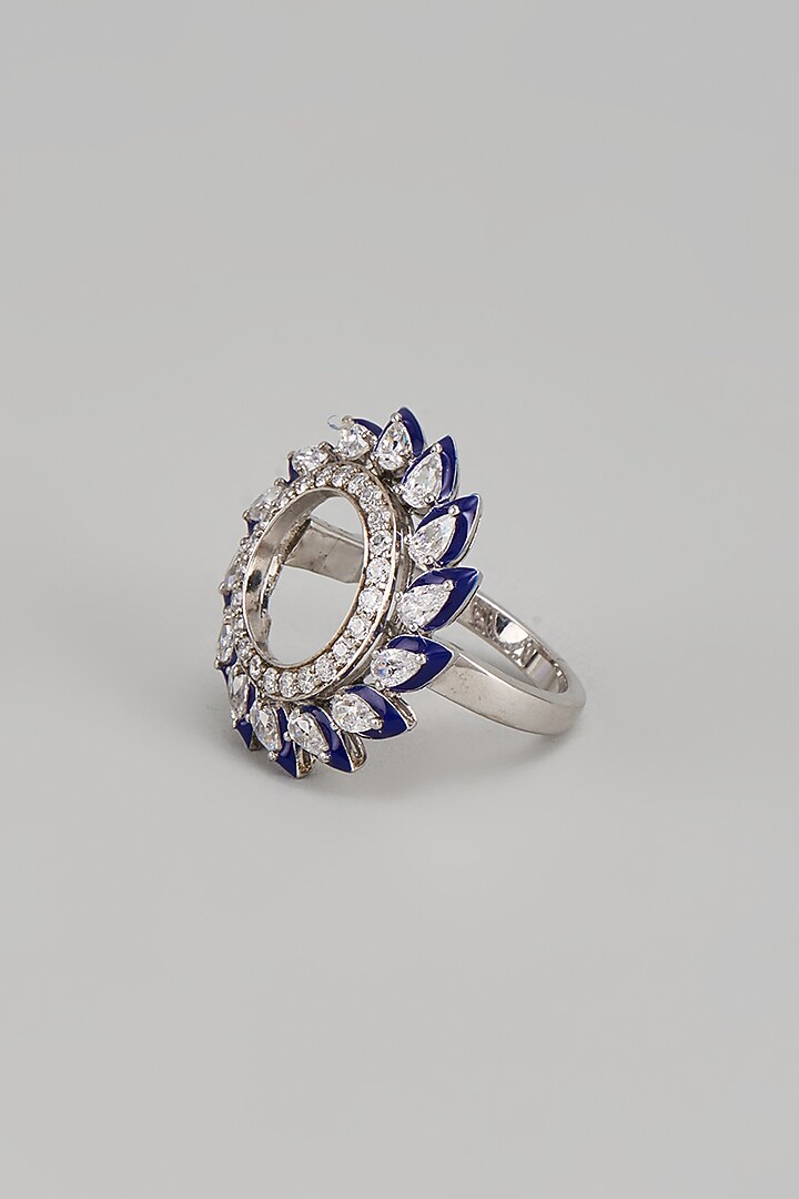 White Finish Swarovski Zirconia Blue Enameled Ring In Sterling Silver by Diosa Paris Jewellery at Pernia's Pop Up Shop