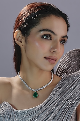 White Finish Swarovski Zirconia & Emerald Necklace In Sterling Silver by Diosa Paris Jewellery