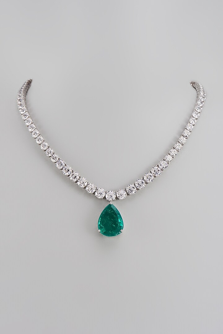 White Finish Swarovski Zirconia & Emerald Necklace In Sterling Silver by Diosa Paris Jewellery at Pernia's Pop Up Shop