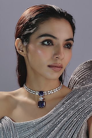 White Finish Swarovski Zirconia & Blue Sapphire Necklace In Sterling Silver by Diosa Paris Jewellery