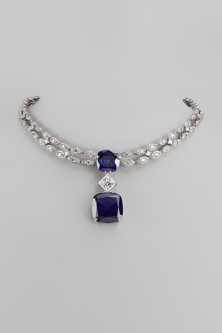 White Finish Swarovski Zirconia & Blue Sapphire Necklace In Sterling Silver by Diosa Paris Jewellery at Pernia's Pop Up Shop