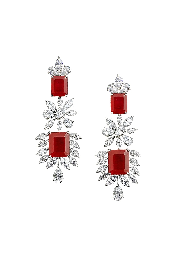 White Rhodium Finish Ruby & Swarovski Zirconia Dangler Earrings In Sterling Silver by Diosa Paris Jewellery at Pernia's Pop Up Shop