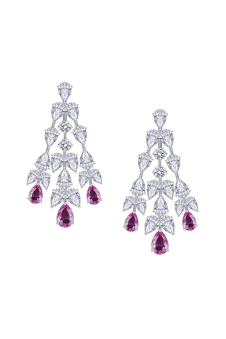 White Rhodium Finish Pink Stone & Swarovski Zirconia Dangler Earrings In Sterling Silver by Diosa Paris Jewellery at Pernia's Pop Up Shop