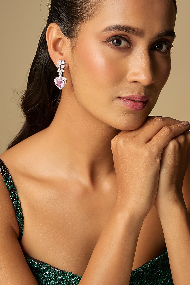 White Finish Pink & White Stone Dangler Earrings In Sterling Silver by Diosa Paris Jewellery at Pernia's Pop Up Shop
