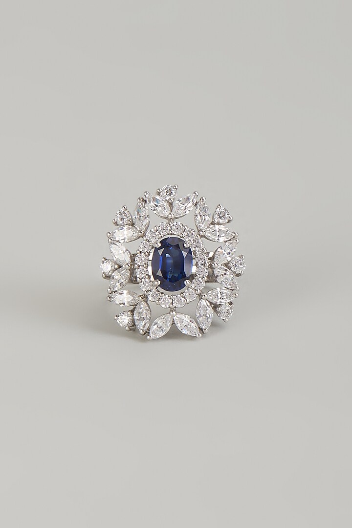 White Finish Blue & White Stone Ring In Sterling Silver by Diosa Paris Jewellery at Pernia's Pop Up Shop