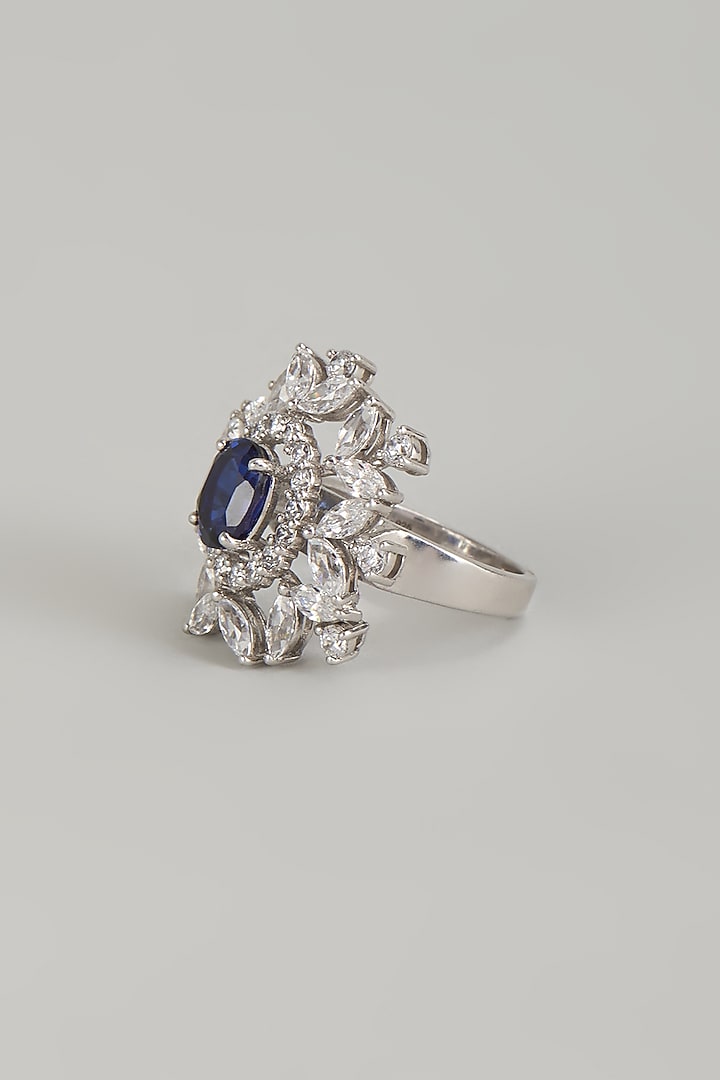 White Finish Blue & White Stone Ring In Sterling Silver by Diosa Paris Jewellery at Pernia's Pop Up Shop