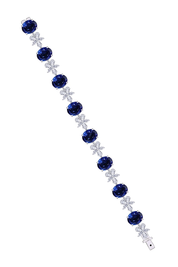 White Rhodium Finish Sapphire Stone & Swarovski Zirconia Cuff Bracelet In Sterling Silver by Diosa Paris Jewellery at Pernia's Pop Up Shop