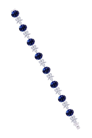 White Rhodium Finish Sapphire Stone & Swarovski Zirconia Cuff Bracelet In Sterling Silver by Diosa Paris Jewellery