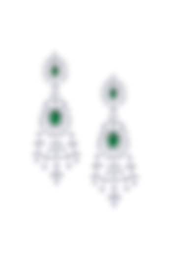 White Rhodium Finish Emerald Stone & Swarovski Zirconia Dangler Earrings In Sterling Silver by Diosa Paris Jewellery at Pernia's Pop Up Shop