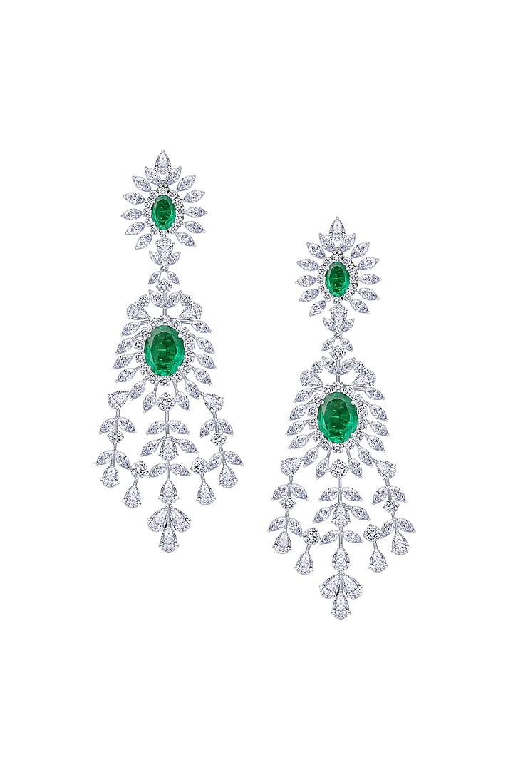 White Rhodium Finish Emerald Stone & Swarovski Zirconia Dangler Earrings In Sterling Silver by Diosa Paris Jewellery at Pernia's Pop Up Shop