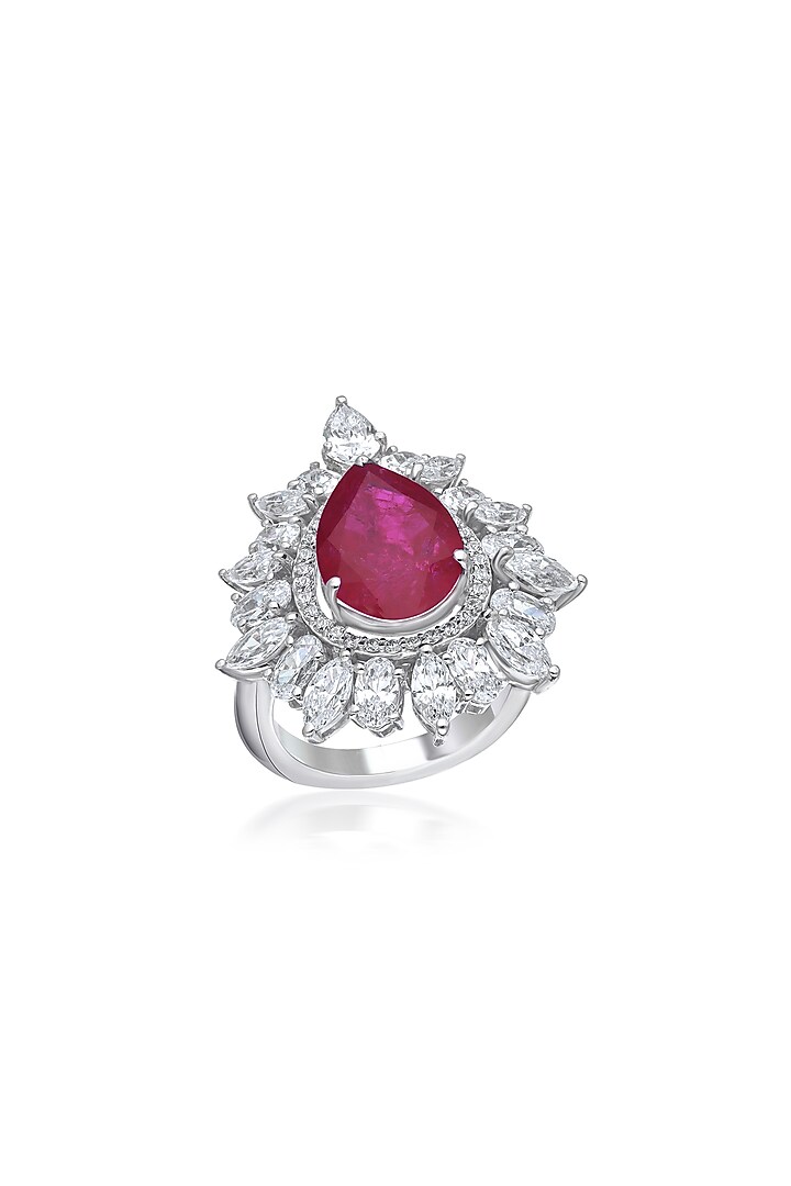 White Rhodium Finish Red Swarovski Zirconia Ring In Sterling Silver by Diosa Paris Jewellery at Pernia's Pop Up Shop