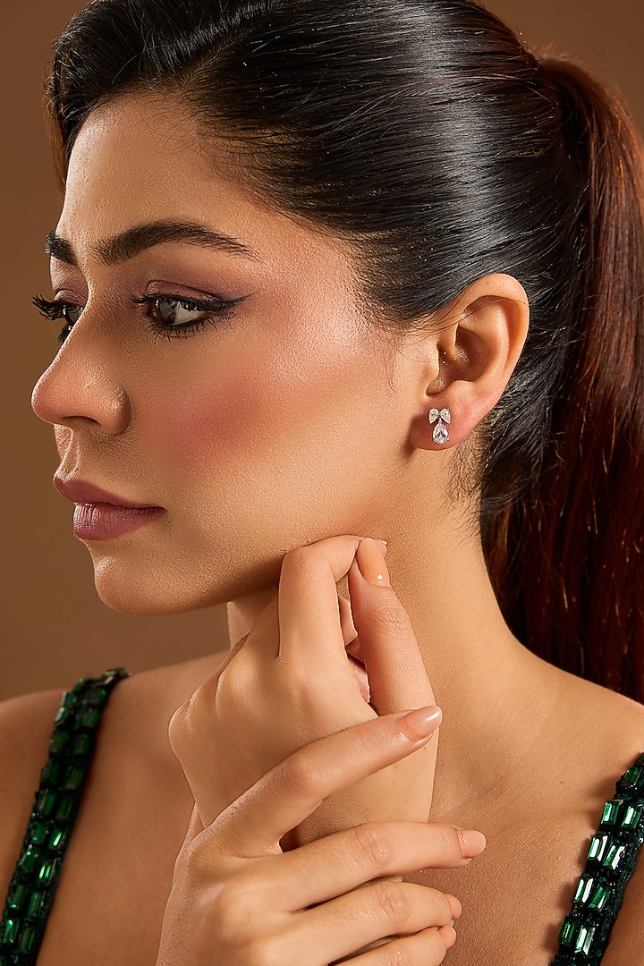 White Finish Zircon Stud Earrings In Sterling Silver by Diosa Paris Jewellery at Pernia's Pop Up Shop