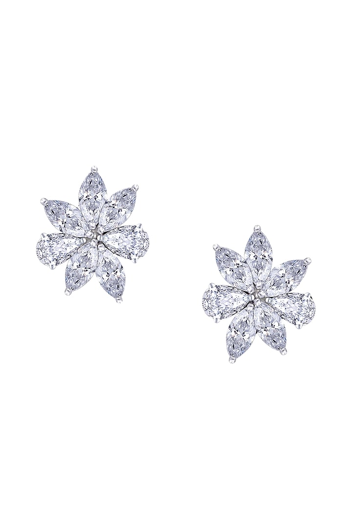 White Rhodium Finish Swarovski Zirconia Stud Earrings In Sterling Silver by Diosa Paris Jewellery at Pernia's Pop Up Shop