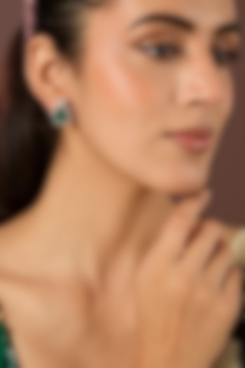 White Finish Emerald Stone & Zircon Stud Earrings In Sterling Silver by Diosa Paris Jewellery at Pernia's Pop Up Shop