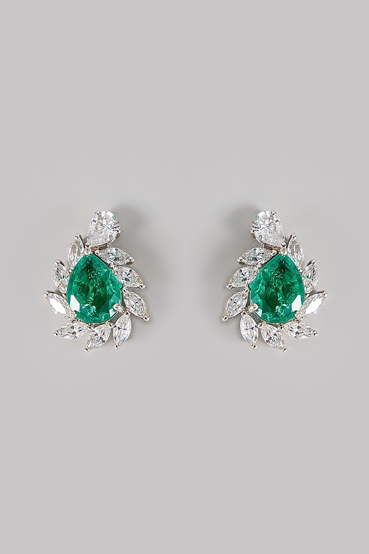 White Finish Emerald Stone & Zircon Stud Earrings In Sterling Silver by Diosa Paris Jewellery at Pernia's Pop Up Shop