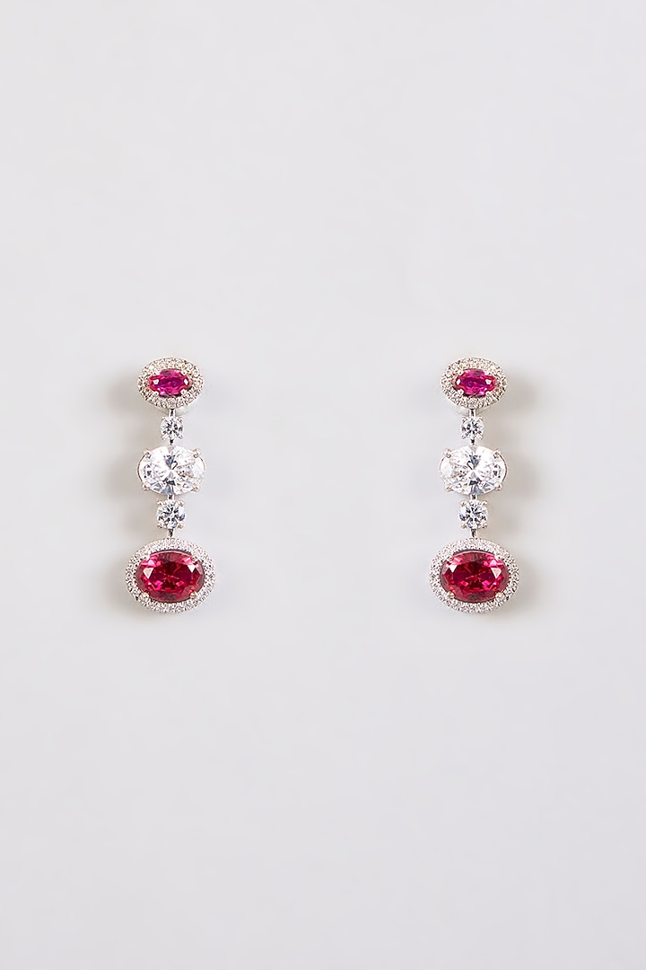 White Finish Zircon & Red Stone Dangler Earrings In Sterling Silver by Diosa Paris Jewellery at Pernia's Pop Up Shop