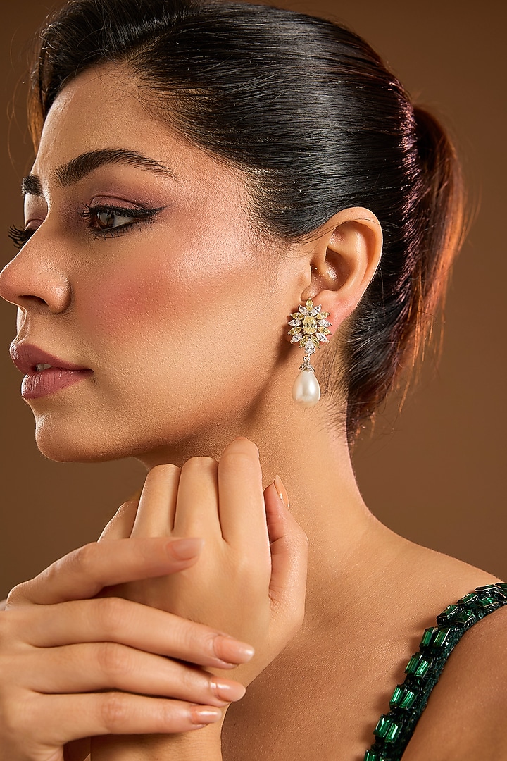 White Finish Zircon & Yellow Stone Dangler Earrings In Sterling Silver by Diosa Paris Jewellery at Pernia's Pop Up Shop