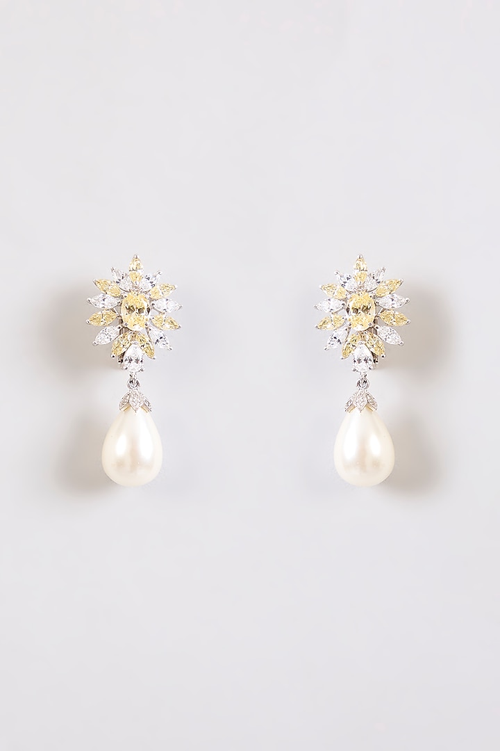 White Finish Zircon & Yellow Stone Dangler Earrings In Sterling Silver by Diosa Paris Jewellery at Pernia's Pop Up Shop