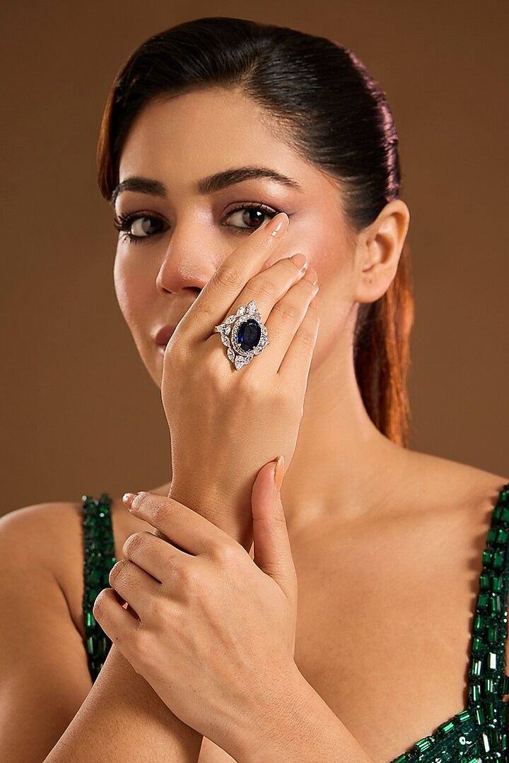 White Finish Zircon & Blue Stone Ring In Sterling Silver by Diosa Paris Jewellery at Pernia's Pop Up Shop