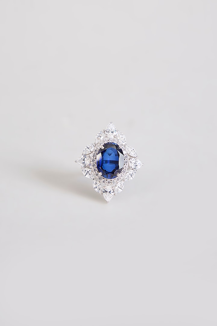 White Finish Zircon & Blue Stone Ring In Sterling Silver by Diosa Paris Jewellery at Pernia's Pop Up Shop