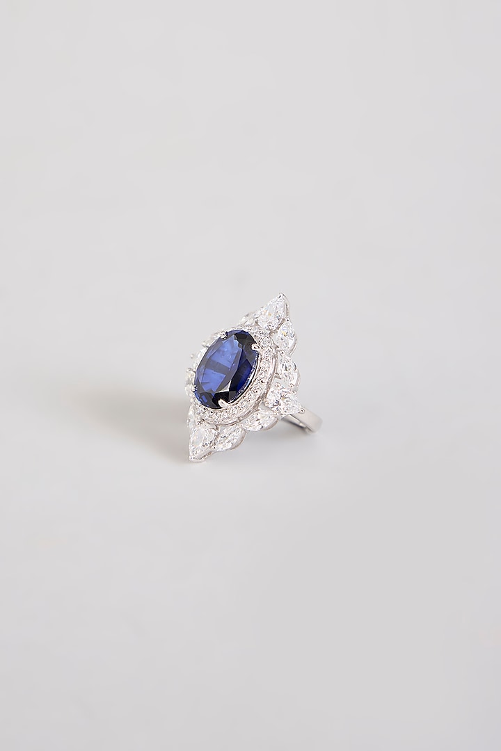 White Finish Zircon & Blue Stone Ring In Sterling Silver by Diosa Paris Jewellery at Pernia's Pop Up Shop