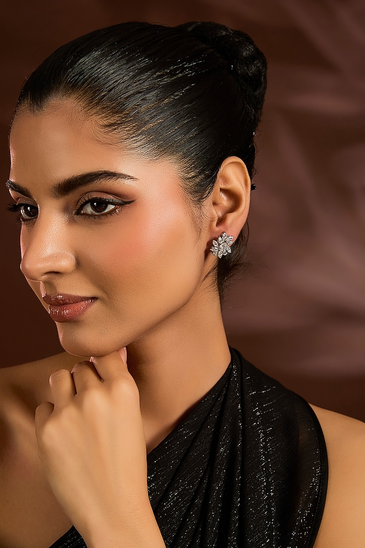 White Finish White Stone Stud Earrings In Sterling Silver by Diosa Paris Jewellery at Pernia's Pop Up Shop