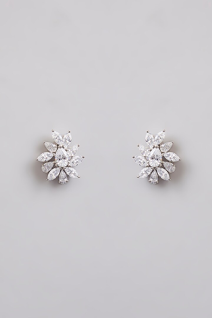 White Finish White Stone Stud Earrings In Sterling Silver by Diosa Paris Jewellery at Pernia's Pop Up Shop