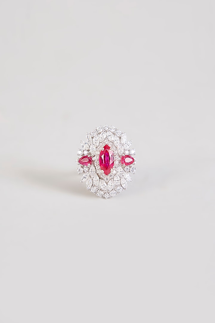 White Finish Zircon & Red Stone Ring In Sterling Silver by Diosa Paris Jewellery at Pernia's Pop Up Shop