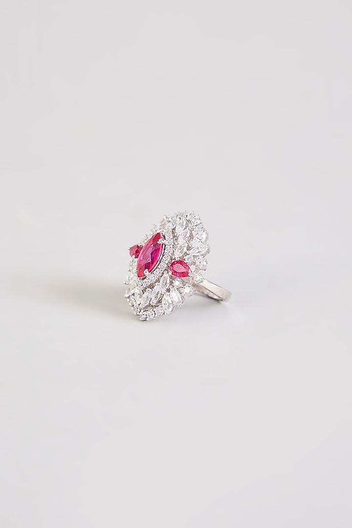 White Finish Zircon & Red Stone Ring In Sterling Silver by Diosa Paris Jewellery at Pernia's Pop Up Shop