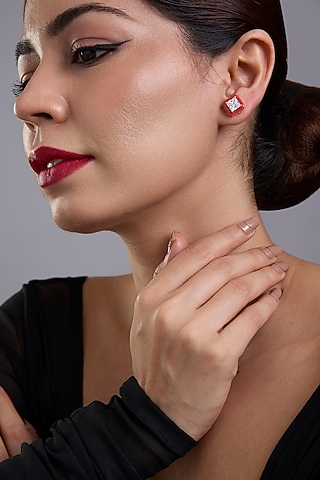 White Finish Red Stone Stud Earrings In Sterling Silver by Diosa Paris Jewellery