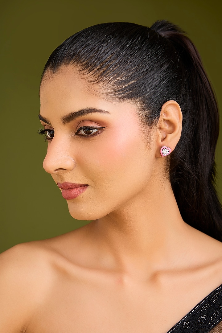 White Finish Pink & White Stone Stud Earrings In Sterling Silver by Diosa Paris Jewellery at Pernia's Pop Up Shop